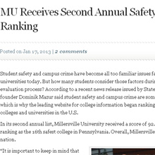Millersville Receives Second Annual Safety Ranking