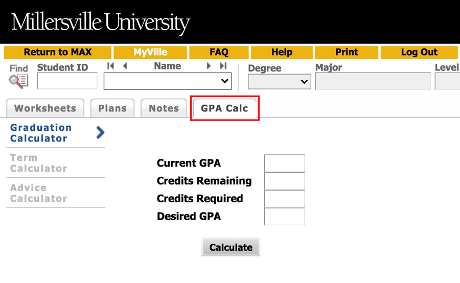 GPA Calculator tab in Degree Audit