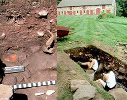 Archaeology students Lindsey Murphy and Teresa Wilson excavate a deeply buried feature adjacent to the Huber house (ca. 1746) with the plantation stables (ca. 1757) in the background. Buried below more than 2 feet of disturbed fill soil lay the furnace run, a water trench used to power the water wheel at the furnace. This sealed, undisturbed context contained well preserved and intact artifacts, such as a lead-glazed redware jug (left).