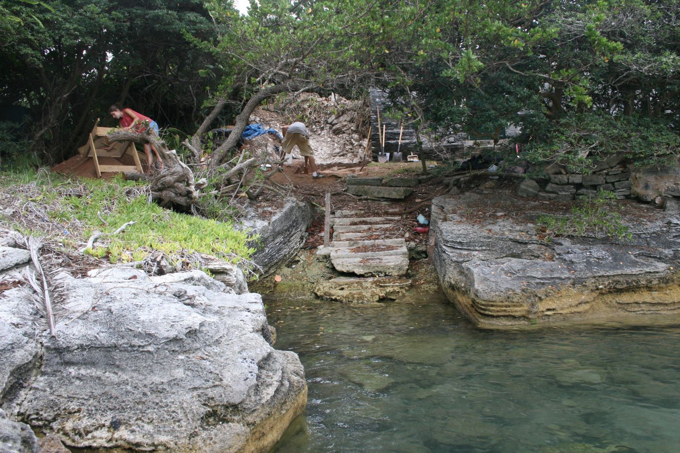 students excavating near water