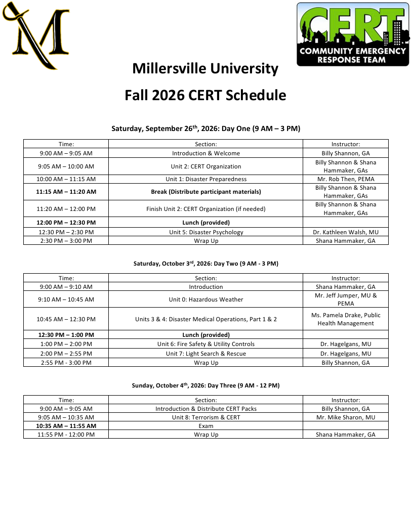 Fall 2026 CERT Schedule