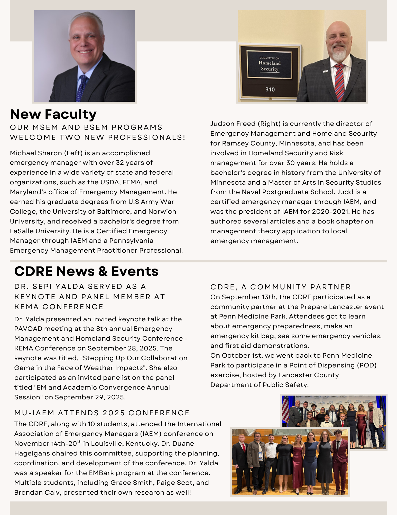 Michael Sharon Headshot: A professional portrait of a man with short white hair and a friendly expression, wearing a dark suit and a light blue tie.  Judson Freed Headshot: A portrait of a man with a goatee, wearing a suit and a red tie, standing next to a wall-mounted sign that reads "Committee on Homeland Security 310".  Conference Photos: Two smaller photos in the bottom right show different groups of students and professionals in formal evening attire and business suits, posing together at a conference event.