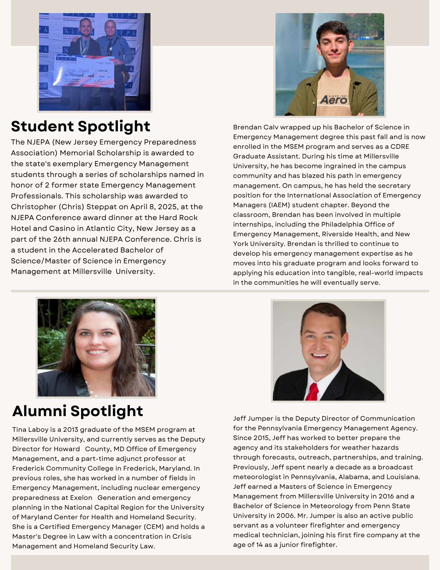 Scholarship Award Ceremony: A man in a blue uniform shirt stands with another man in a suit while holding a certificate; the background is a blue banner with the NJEPA logo.  Brendan Calv Headshot: A portrait of a young man with dark hair, smiling and wearing an olive green button-down shirt over a black t-shirt.  Tina Laboy Headshot: A professional headshot of a woman with dark hair and a smile, taken outdoors with green foliage blurred in the background.  Jeff Jumper Headshot: A portrait of a man with short brown hair, smiling and wearing a dark suit with a red tie.