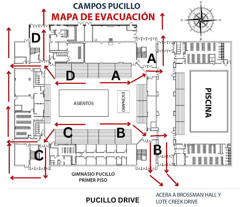 Mapa de evacuación del primer piso del Gimnasio Pucillo, que muestra las secciones de asientos A, B, C y D, con flechas rojas que dirigen a los ocupantes hacia las salidas más cercanas. Las rutas conducen hacia el oeste, el este, el norte y el sur, en dirección a las salidas exteriores a lo largo de Pucillo Drive y por las aceras hacia Brossman Hall y el estacionamiento de Creek Drive. Se muestra la piscina adyacente a modo de orientación.