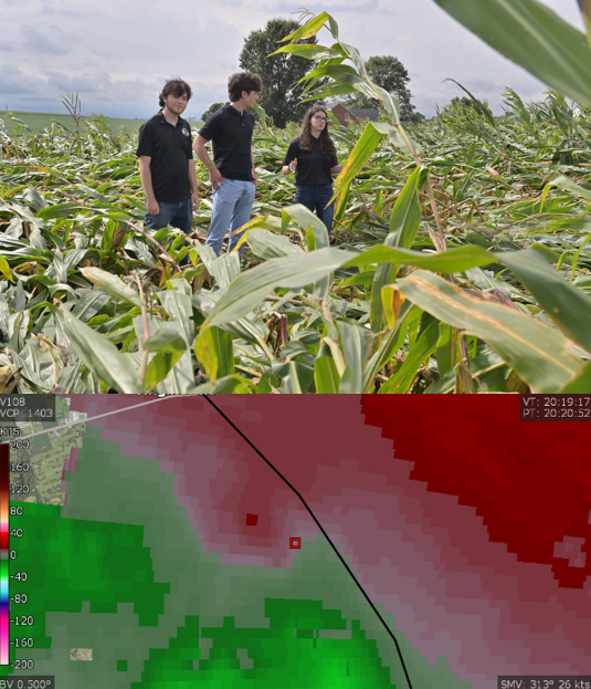 Students assessing tornado damage in a corn field, followed by a scan of storm relative velocity from the X-Band Radar during the storm.