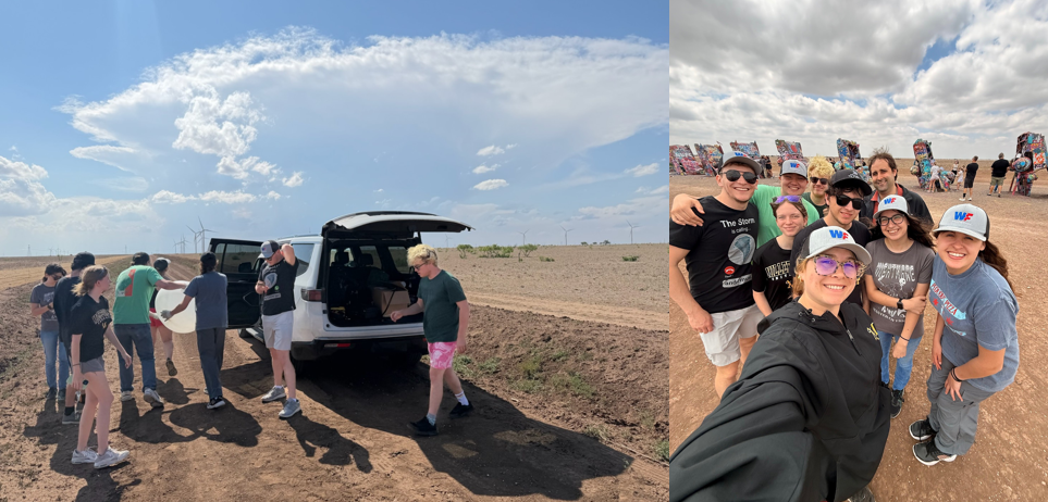 Meteorology students getting weather balloon ready for launch in the field, along with a picture of the research group.
