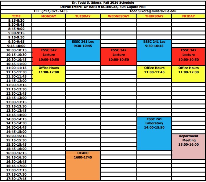 Dr. Sikora's class and office hours schedule for the Fall 2026 semester.