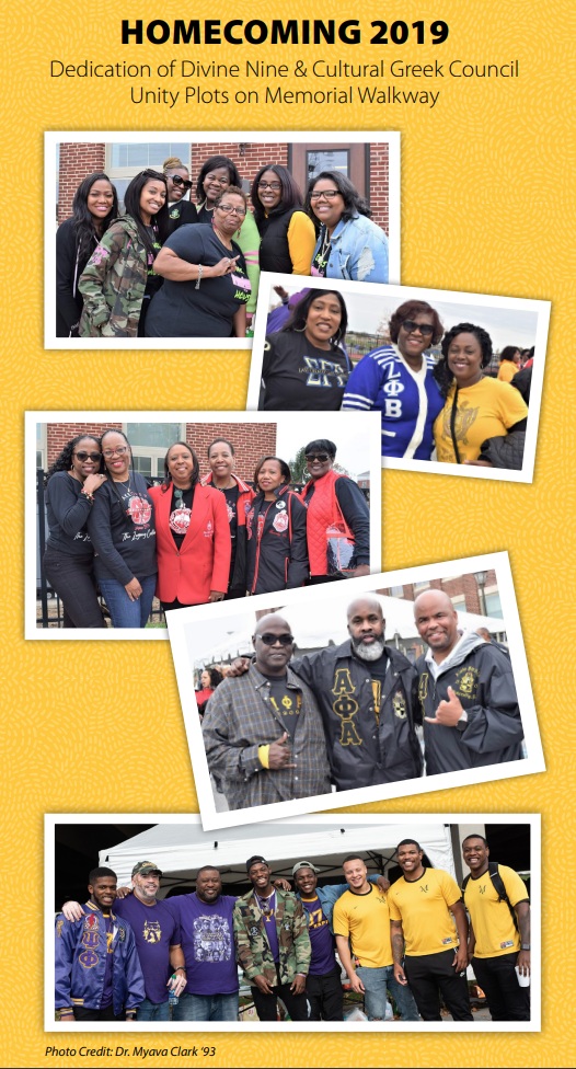 Five group photos at the Dedication of Divine Nine & Cultural Greek Council Unity Plots on Memorial Walkway at homecoming 2019