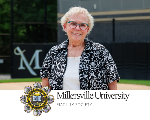 Kathy Seaber standing on the Millersville University Softball Field and Millersville University Fiat Lux Society Logo