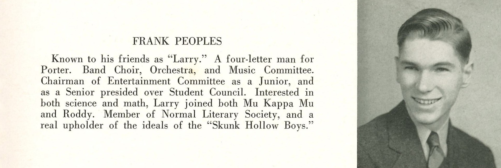1942 Millersville "Touchstone" yearbook entry for Frank Peoples Jr.