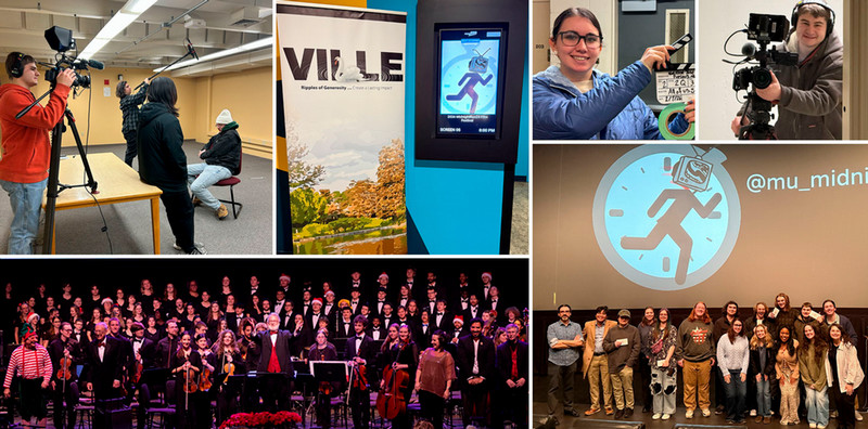 A collage featuring several scenes from campus activities: students operating professional video cameras in a classroom; a digital display kiosk next to a banner that reads ‘VILLE’ with a campus landscape; a person using a film clapperboard beside a camera setup; a large choir and orchestra performing on stage; and a group of people standing together in front of a projected graphic of a running figure with the handle ‘@mu_midnight’ displayed above.