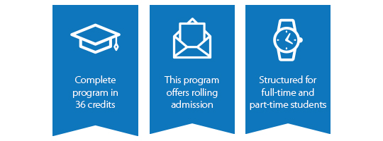 Rolling admissions, 36 credits, full-time and part-time students