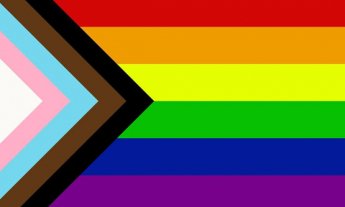 Triangle from left, with black, brown, blue, pink, and white. Rainbow flag to right.