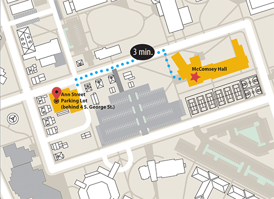 Walking map from Ann St. parking lot to McComsey Hall