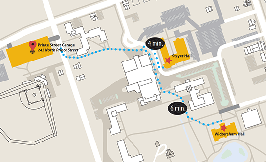 Walking map from Prince St. Garage to Wickersham or Stayer