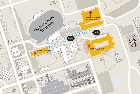 Walking map from Pucillo Dr. Garage to Roddy/Caputo Hall and Susan P. Luek Hall