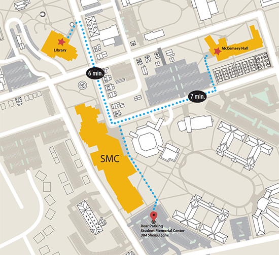 Walk from Student Memorial Center Lower Lot to the Library or McComsey Hall