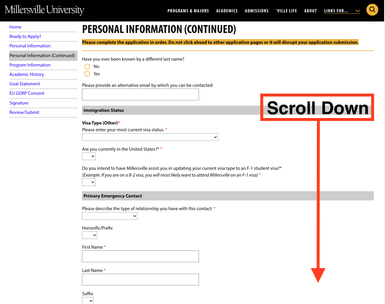 screenshot of application page