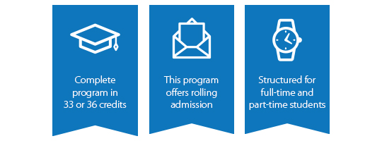 rolling admissions, full-time/part-time students, 33 or 36 credits