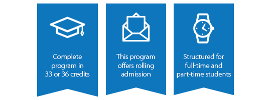 rolling admissions, full-time/part-time students, 33 or 36 credits