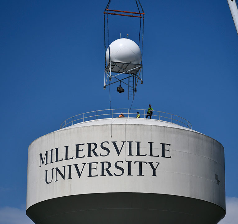 Weather radar being installed on top of the Millersville University water tower