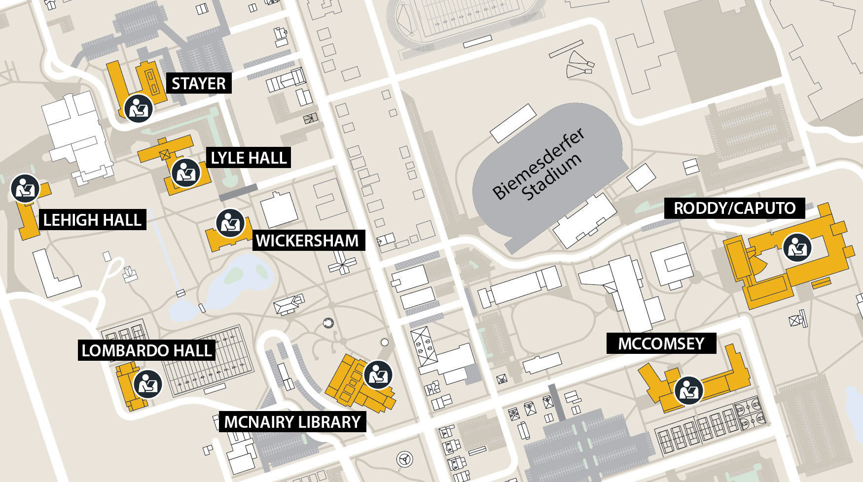 Map showing ARC kiosks locations: Stayer, Lehigh Hall, Lyle Hall, Wickersham, Hash, McNairy Library, McComsey and Roddy/Caputo Hall