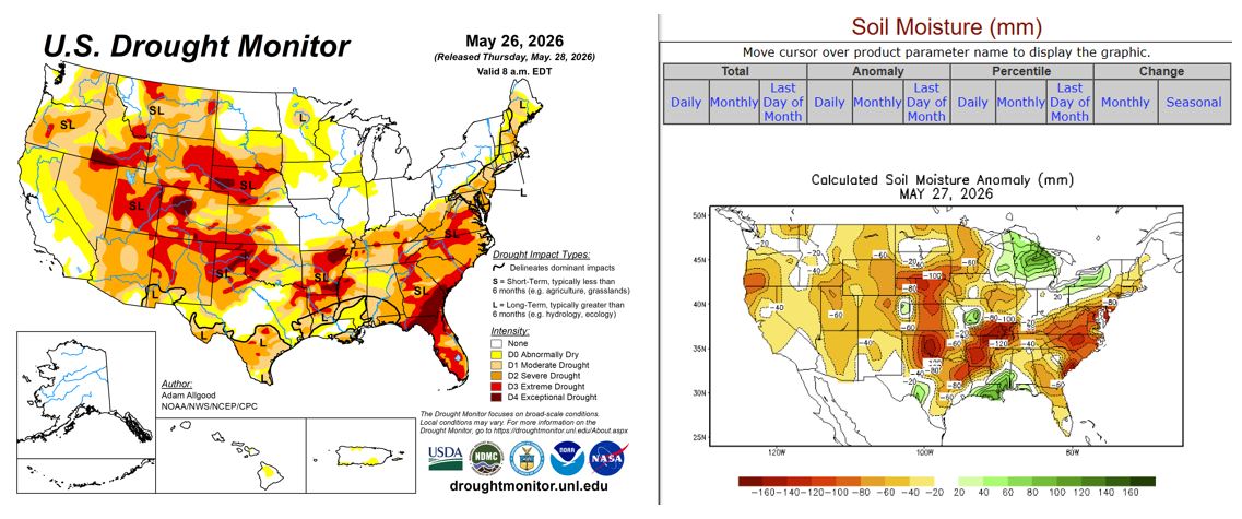 U.S. Drought Monitor and Soil Moisture Anomalies across the U.S. as of May 28, 2026.