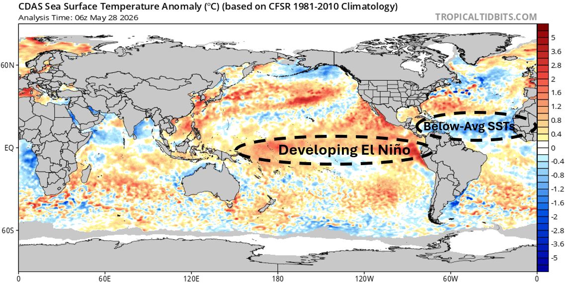 May 28th sea surface temperature anomalies in the Atlantic and Pacific Basins.