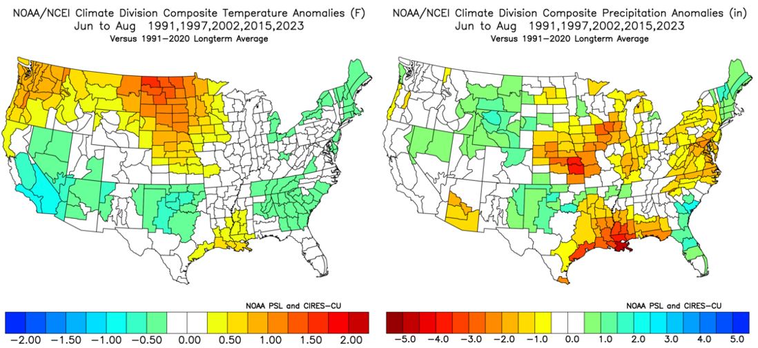 Temperature and precipitation departures across the United States in the 5 analog summers for 2026.